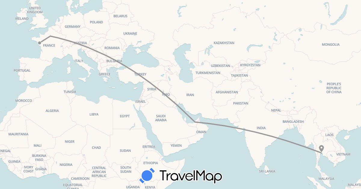 TravelMap itinerary: plane in United Arab Emirates, France, Thailand (Asia, Europe)